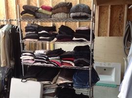 Lots of mens and womens clothes:  sweaters, coats, pants, jackets, shirts, suits etc