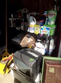 Small tv, cleaning supplies.