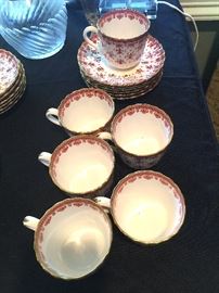 Spode Red Fleur De Lys Bone China Cups & Saucers.
