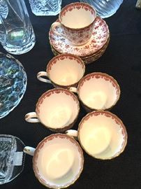 Spode Red Fleur De Lys Bone China Cups & Saucers.