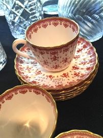 Spode Red Fleur De Lys Bone China Cups & Saucers.