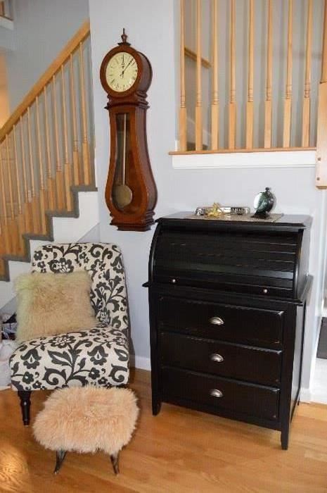 Howard Miller Pendulum Chime Clock, Pottery Barn Accent Chair, Pottery Barn Dropleaf desk