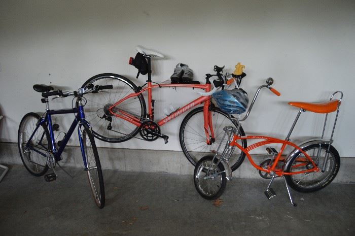 Dolce Shimano "Specialized" carbon fork bike , Trek Multitrack 7500 Men's bike, Schwinn "Orange Krate" c 1999 reproduction banana seat bike!
