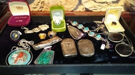 14 karat gold needle & threader; 14 karat gold diamond, emerald & opal ring; pince nez lorgnette; sterling silver match safes; zuni pendant