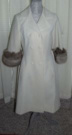 IVORY WOOL VINTAGE COAT WITH FOX CUFFS, DOUBLE BREASTED BUTTONS