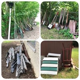 Many Outside garden tools and ladders