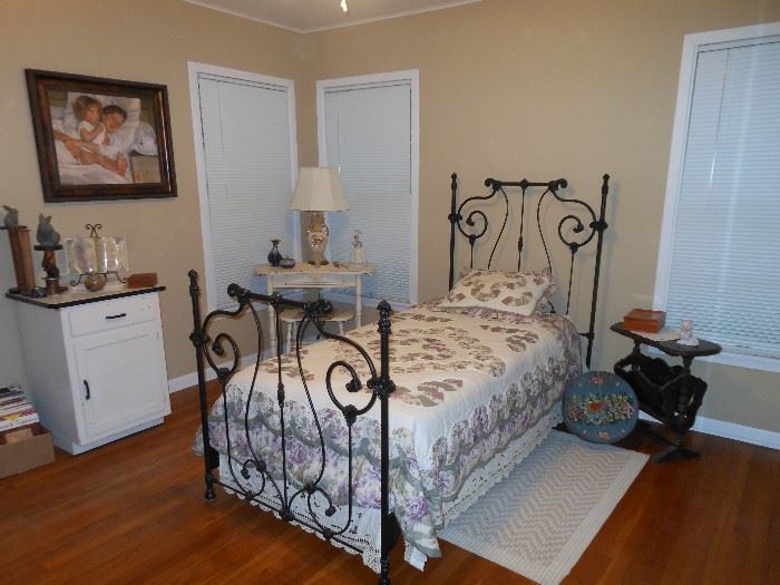 Iron twin bed/ complete , antique magazine table and more