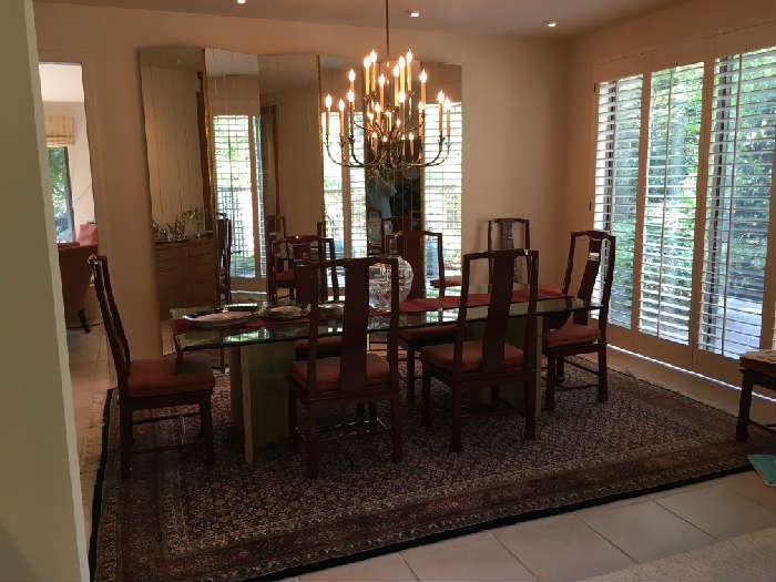 Large 8' Beveled Glass dining table, Eight lacquer Asian dining chairs.