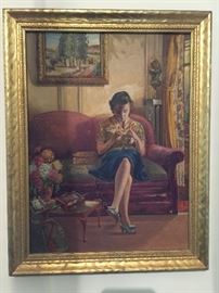 Original painting of a woman knitting