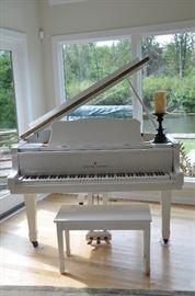 White Lacquer Baby Grand Piano by Young Chang.  Model Number G-157.  Circa 1980s. With Piano Bench.