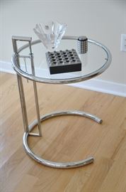 Authentic Eileen Gray Mid Century chrome and glass adjustable side table 20" round x 25"h