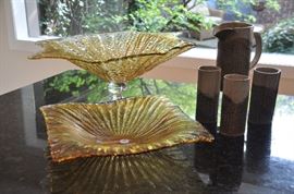 Amber Art glass and pottery set. 