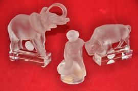 Fantastic Lalique Satin Elephant paperweight (NOT AVAILABLE), Small Lalique crystal Leda with Duck and Lalique Buffalo Paperweight
