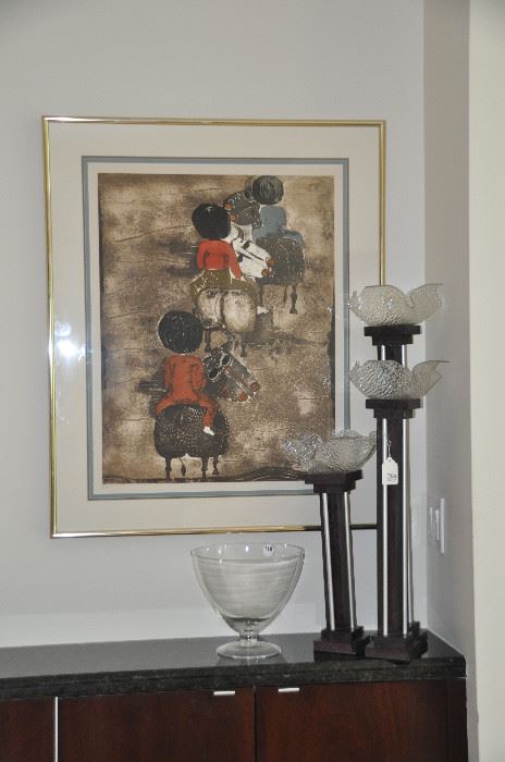 "Le Depart" by G. Rodo Boulanger artist proof serigraph shown with a set of 3 wood, glass and chrome candlesticks shown with a crystal bowl. 