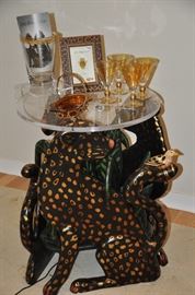 Fantastic carved and painted wooden cheetah side table by artist David Ross (can be used as a base for a dining table!)