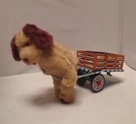 Vintage Alps Tin Toy Furry Dog Pulling a Cart Battery Operated Japan WORKS. CURRENTLY LISTED ON EBAY UNDER GSLJENN - SOLD