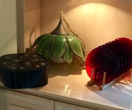 vintage hanging tulip lamp, red glass plates