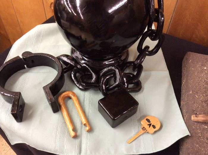 Prison Art Hand Carved Wooden Ball & Chain with Lock