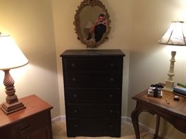 Antique Oval Mirror and Black Chest O' Drawers
