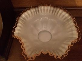 Fenton Ruffled white w/pink edge bowl