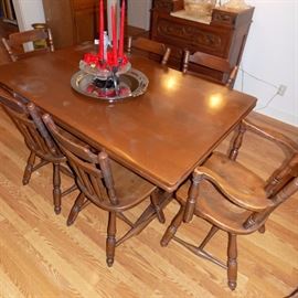 vintage drawleaf trestle table with 6 chairs...5 side/1 arm