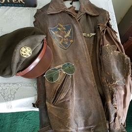 Chet Luders' army hat, glasses, and 'bomber jacket'  Bomber jacket is VERY ROUGH, but retains a pin and the hand painted patch