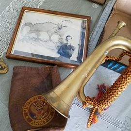 Army bugle,  leather pouch, and photo of Chet Luders