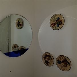 Art Deco etched mirror and hand painted fish plates (bathroom decor)
