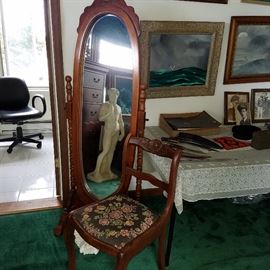 Cheval mirror, needlepoint seat chair, etc.