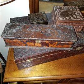 Pyrograph decorated boxes, early 1900's