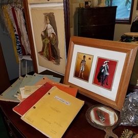Scripts from movies including Oklahoma, The Gun that Won the West, & Abbott & Costello Join the Foreign Legion, among others.  Costume designs in the frames
