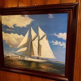 Sailing ship painting, signed