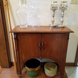 Stand (originally from a radio, I believe), pottery beneath, glass and candlesticks above