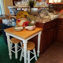Butcher block small table & 2 stools, and more china and glass....LOTS of it!