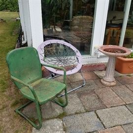 Vintage green chair, game item, birdbath