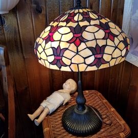 Newer stained glass lamp, composition doll
