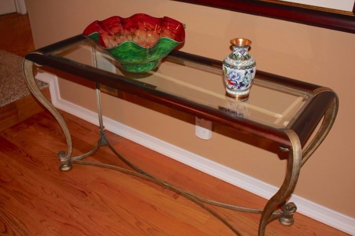 Console Table, Artistic Glass and Small Decorative Urn