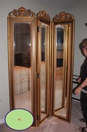 Pair of Tri-Fold Mirrors with Gold Frame