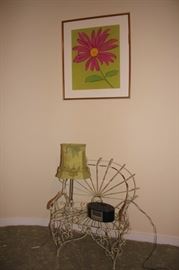 Decorative Wire Chair, Floral Print and Lamp