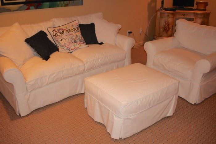 Matching Sofa, Club Chair and Ottoman in White with Accent Pillows