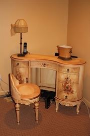Vintage, Stenciled Vanity with Matching Vanity Stool, and Lamp