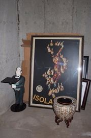 "Butler" Table, Framed Poster, Urn and Stand