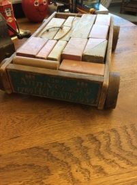 Vintage Antique Holgate Anniversary child's Toy Wood Wagon with Blocks