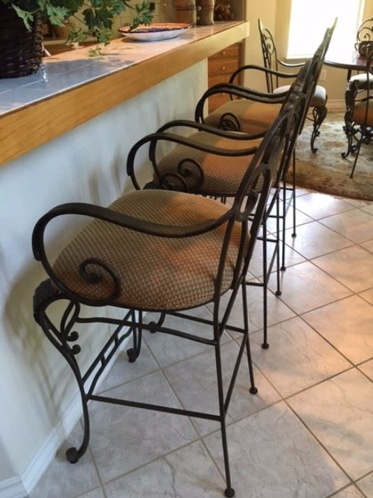 Set of 3 wood & wrought iron bar stools with upholstered seats, matches the dining room table and chairs