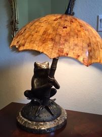 Large brass frog lamp with mother-of-pearl umbrella shade by Maitland Smith; refer to additional detail photos