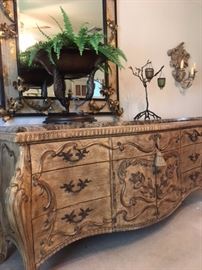 Large, carved wood vanity dresser with drawers and double doors and marble top, matches King bed and side end tables with drawers (see other photos; more to follow)