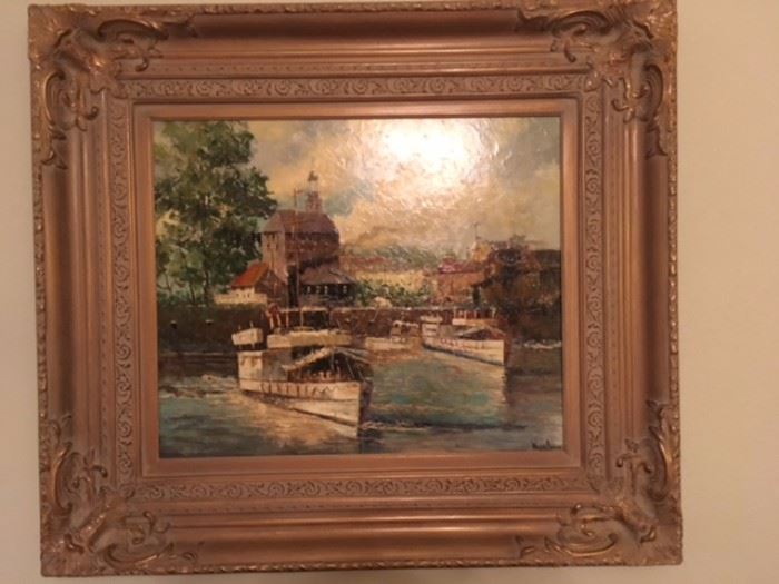 Large, framed original "River Scene", signed, also see detail photo. 
