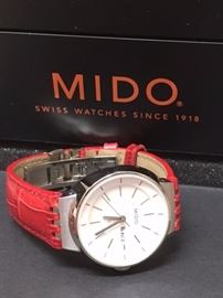 New-in-box ladies Mido watch with red leather/metal clasp strap, works, charged