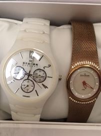 Pair of ladies watches by Skagen, each with just-installed batteries. Also available: ladies watches by Gucci, Mido & Tissot. UPDATE: Ladies ceramic white Skagen on  left SOLD Friday.