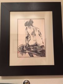 Framed original ink "Nude", signed, this one of a pair